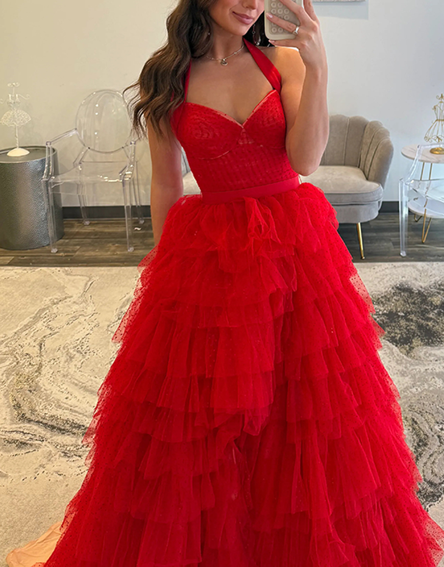 Blue Ruffled Tiered Polka Dots Halter Long Prom Dress with Slit