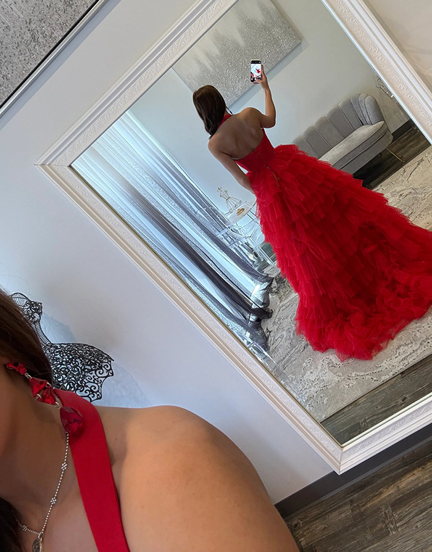 Blue Ruffled Tiered Polka Dots Halter Long Prom Dress with Slit