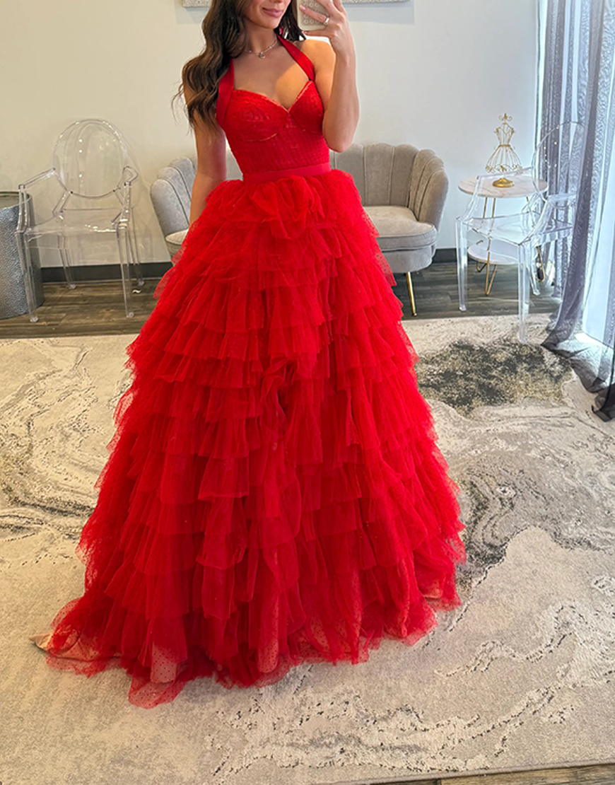 Blue Ruffled Tiered Polka Dots Halter Long Prom Dress with Slit