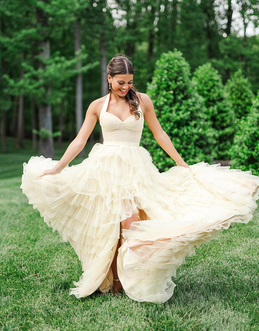 Blue Ruffled Tiered Polka Dots Halter Long Prom Dress with Slit