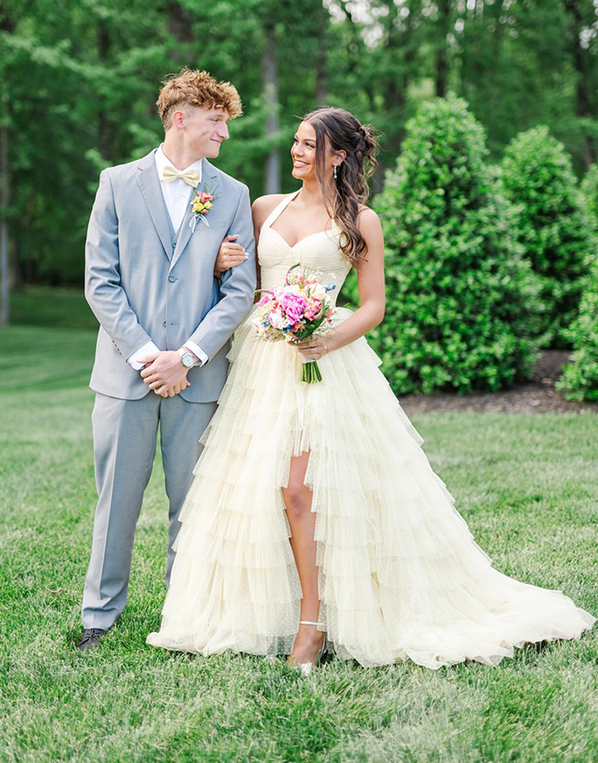 Blue Ruffled Tiered Polka Dots Halter Long Prom Dress with Slit