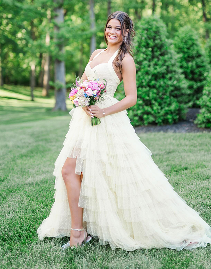 Blue Ruffled Tiered Polka Dots Halter Long Prom Dress with Slit