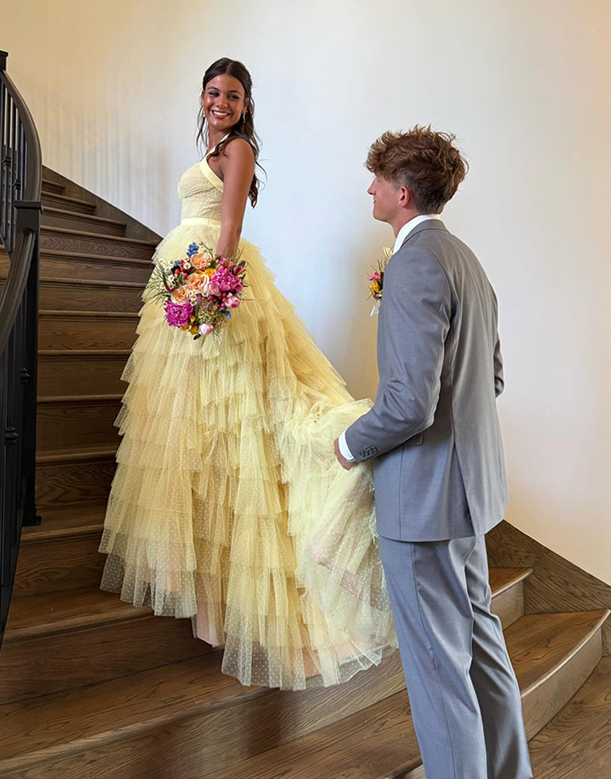 Blue Ruffled Tiered Polka Dots Halter Long Prom Dress with Slit