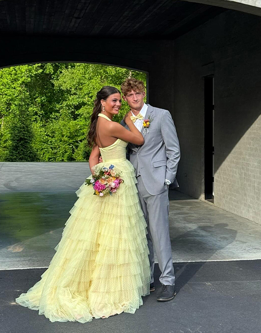 Blue Ruffled Tiered Polka Dots Halter Long Prom Dress with Slit