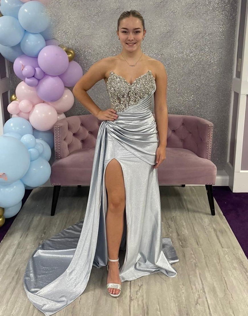 Sparkly Silver Strapless Corset Long Mermaid Prom Dress with Side Cape