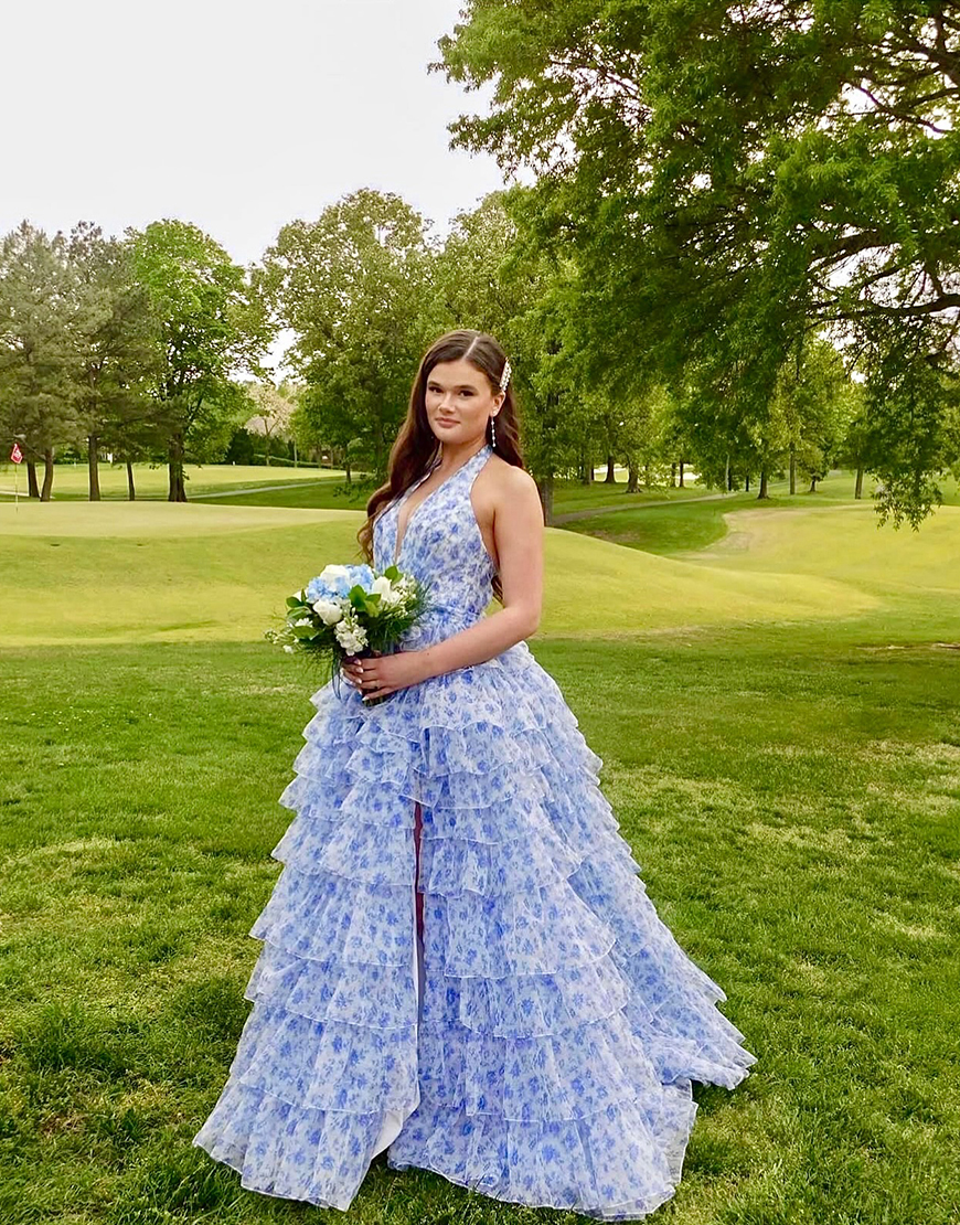 Blue Halter Floral Ruffled Ball Gown Tiered Long Prom Dress with Slit