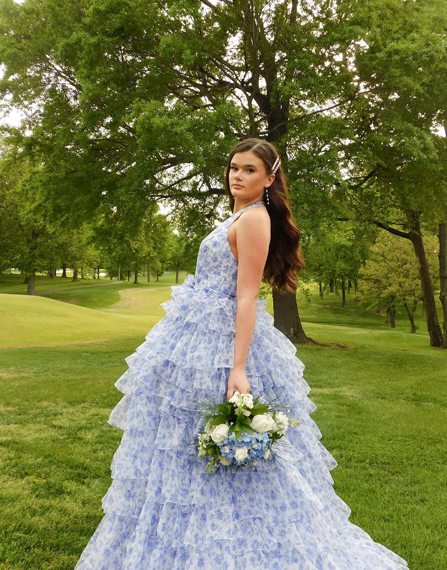 Blue Halter Floral Ruffled Ball Gown Tiered Long Prom Dress with Slit