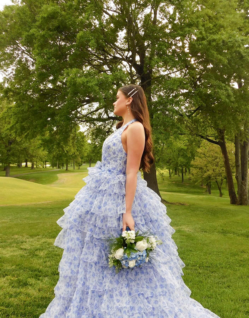 Blue Halter Floral Ruffled Ball Gown Tiered Long Prom Dress with Slit