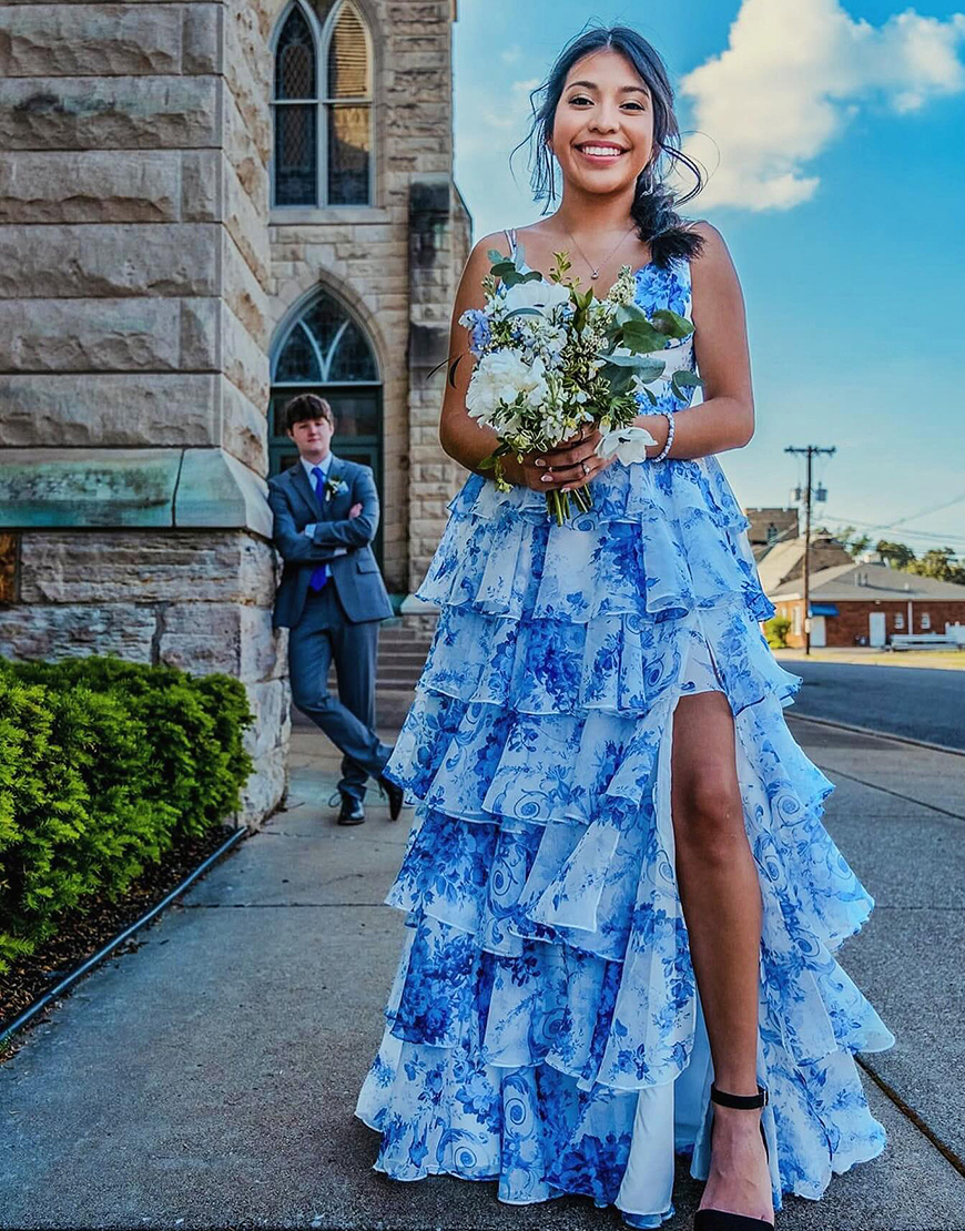 White Blue Flower A Line Ruffled Tiered Long Prom Dress with Slit