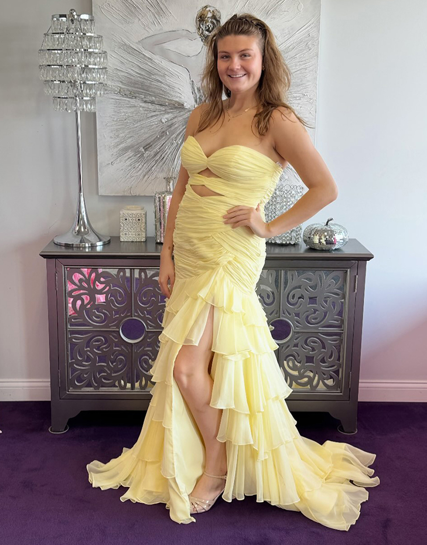 Yellow Mermaid Tiered Keyhole Ruffled Long Prom Dress with Slit