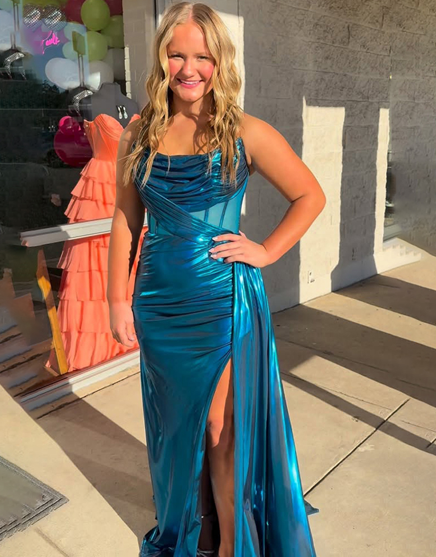 Peacock Blue Corset Mermaid Metallic Long Prom Dress with Side Cape