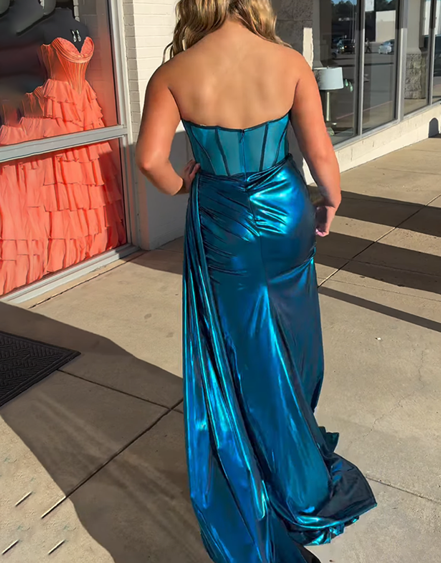 Peacock Blue Corset Mermaid Metallic Long Prom Dress with Side Cape