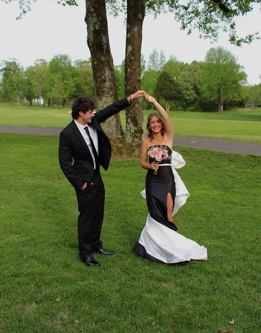 Black and White Mermaid Strapless Long Prom Dress with Bow