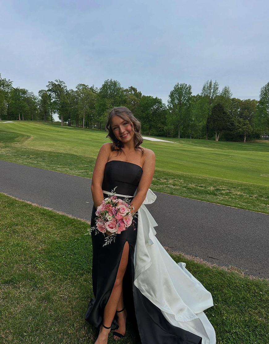 Black and White Mermaid Strapless Long Prom Dress with Bow