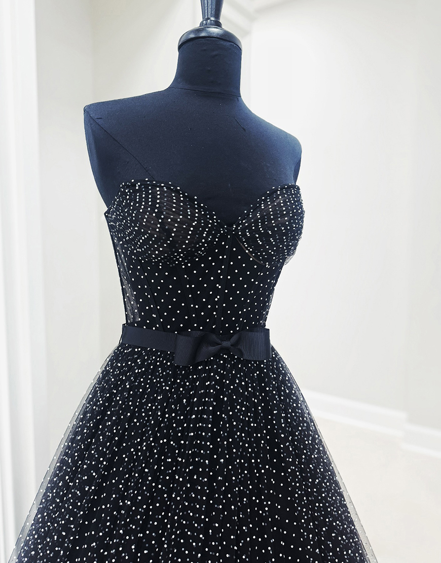 Black Polka Dots Sweetheart A-Line Long Prom Dress with Ruffles