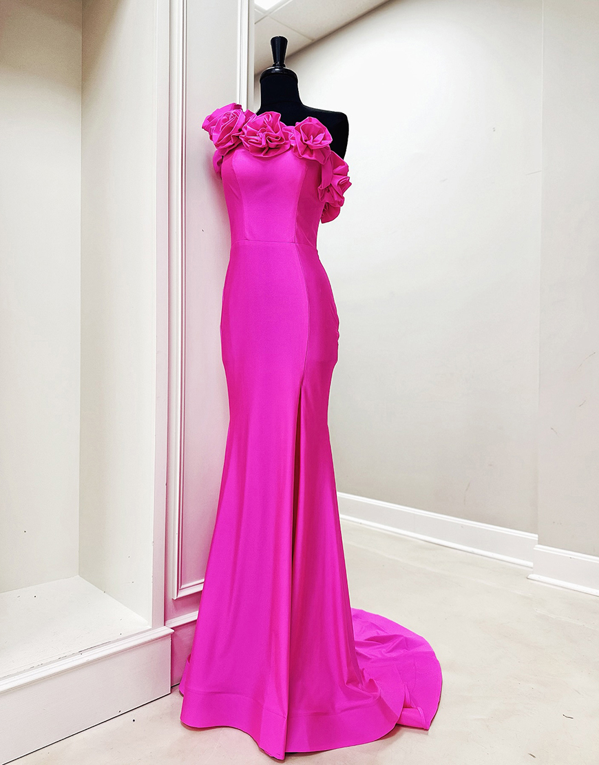Fuchsia Mermaid One Shoulder Long Prom Dress with 3D Flowers