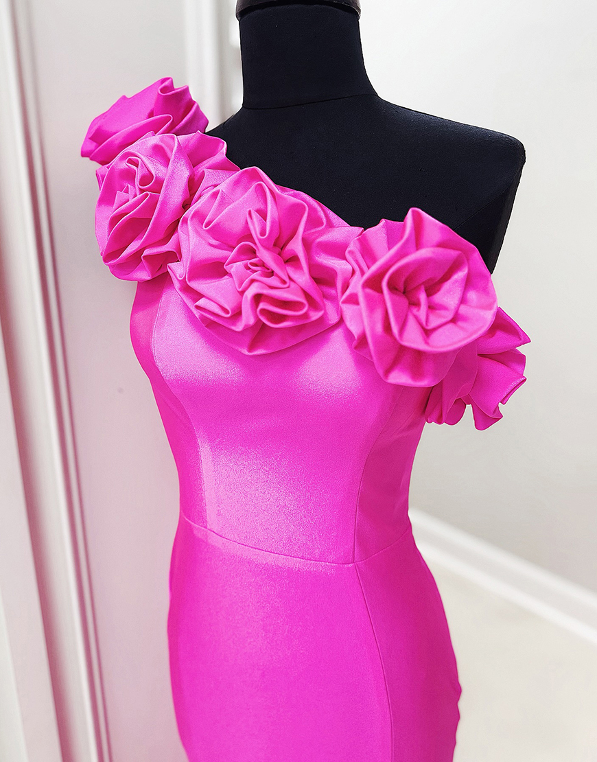 Fuchsia Mermaid One Shoulder Long Prom Dress with 3D Flowers