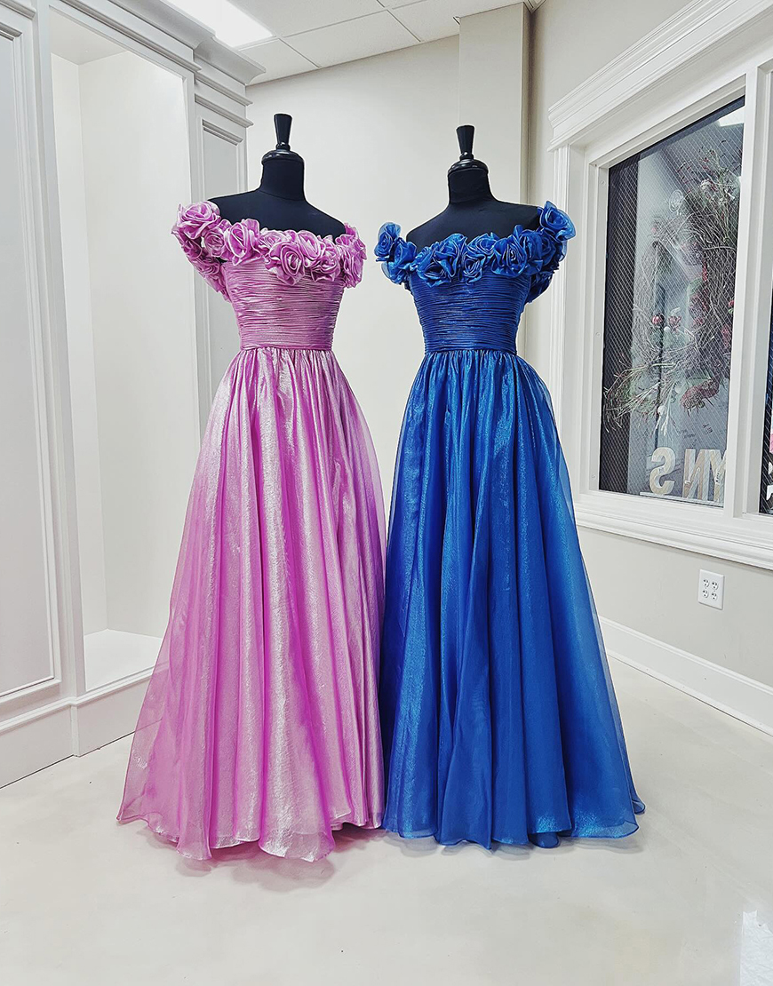 Royal Blue Long A-Line Off the Shoulder Prom Dress with 3D Flowers