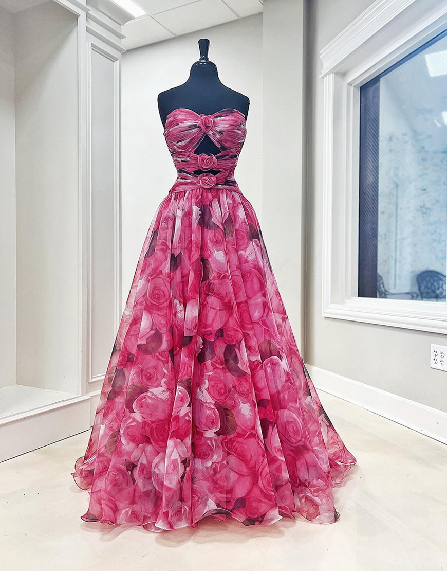 Berlinnova Women Red Flower Ruched Long Strapless Prom Dress A-Line Keyhole Formal Dress