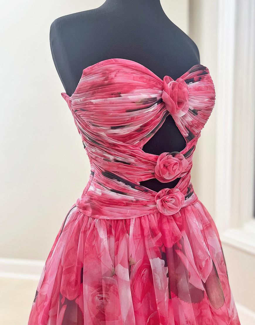 Red Flower A-Line Cut Out Ruched Long Strapless Prom Dress