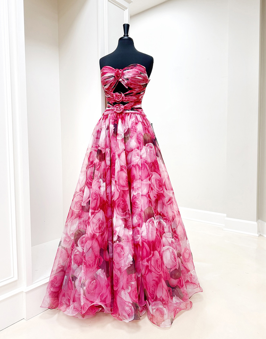 Red Flower A-Line Cut Out Ruched Long Strapless Prom Dress