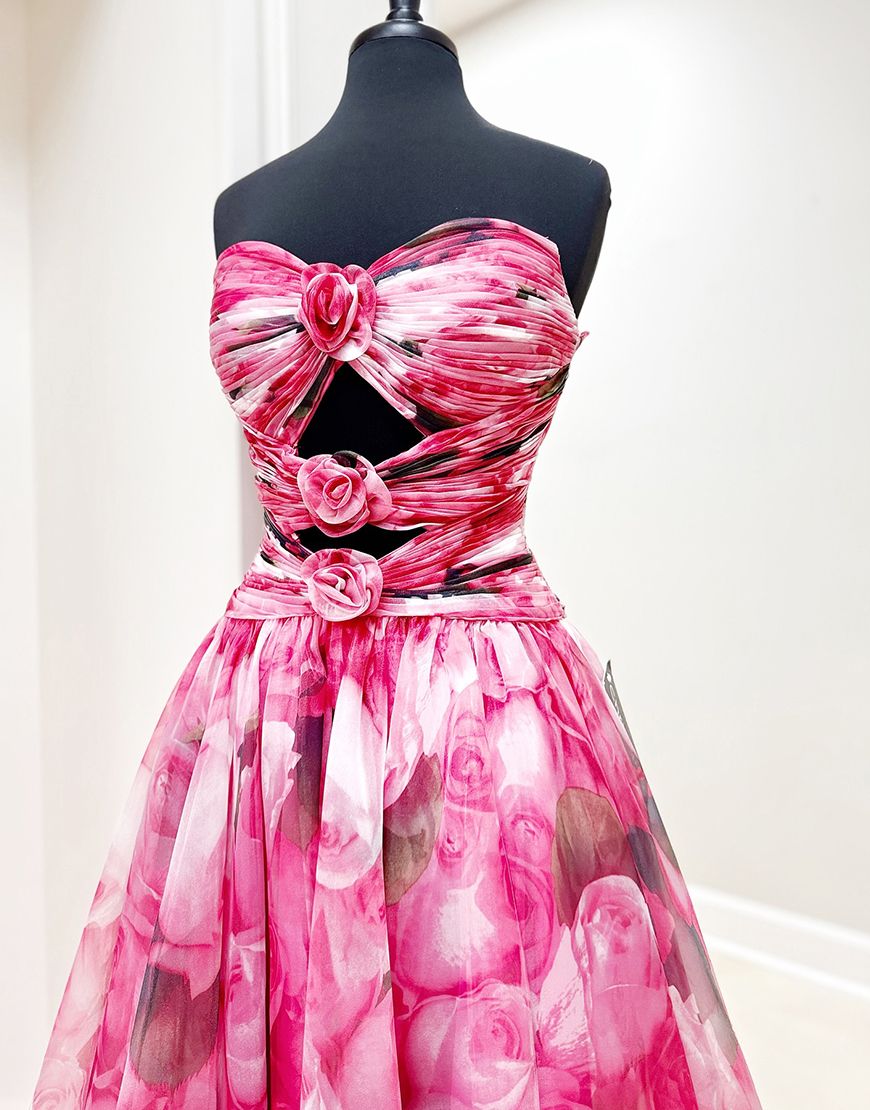 Red Flower A-Line Cut Out Ruched Long Strapless Prom Dress