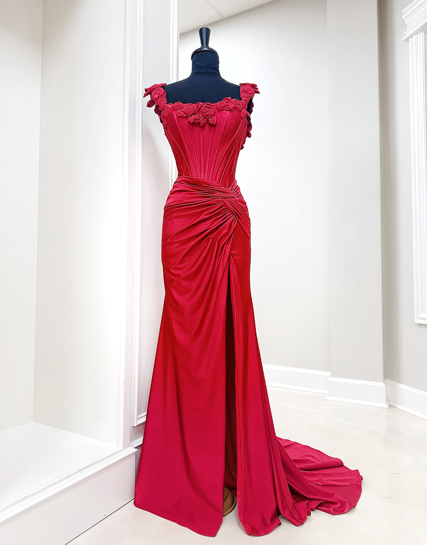 Red Floral Square Neck Mermaid Corset Long Prom Dress with Slit