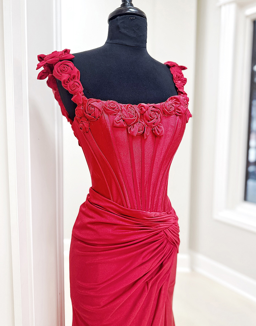 Red Floral Square Neck Mermaid Corset Long Prom Dress with Slit