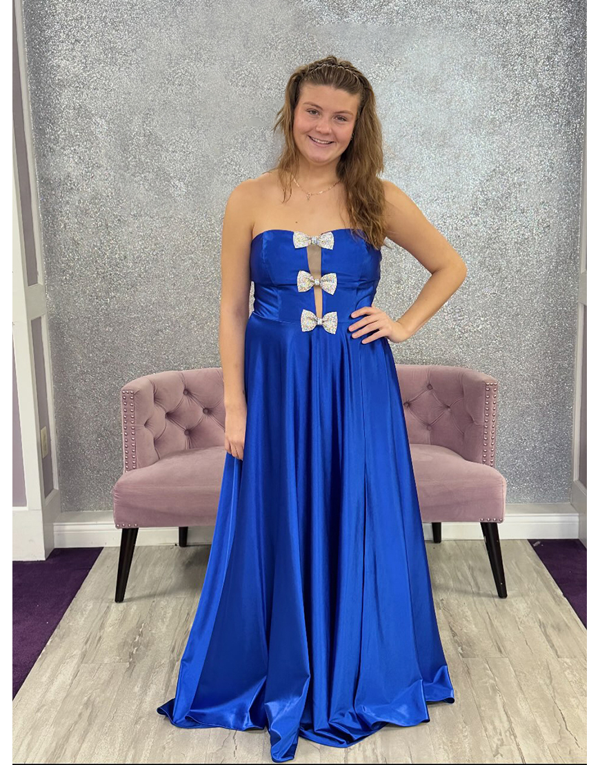 Royal Blue Strapless Long Satin Prom Dress with Bows