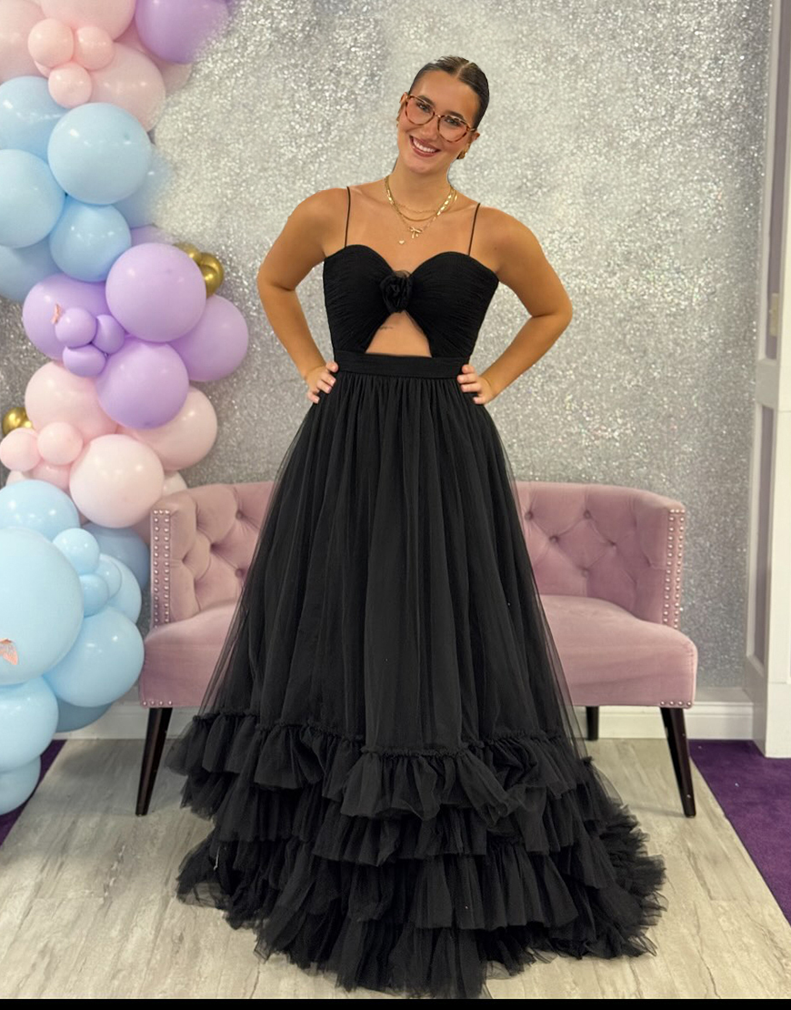 Black Long A-Line Tiered Ruffled Prom Dress with 3D Flower