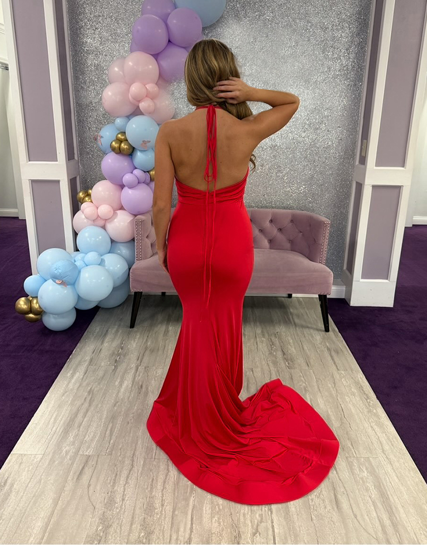 Red Mermaid Halter Neck Long Satin Prom Dress
