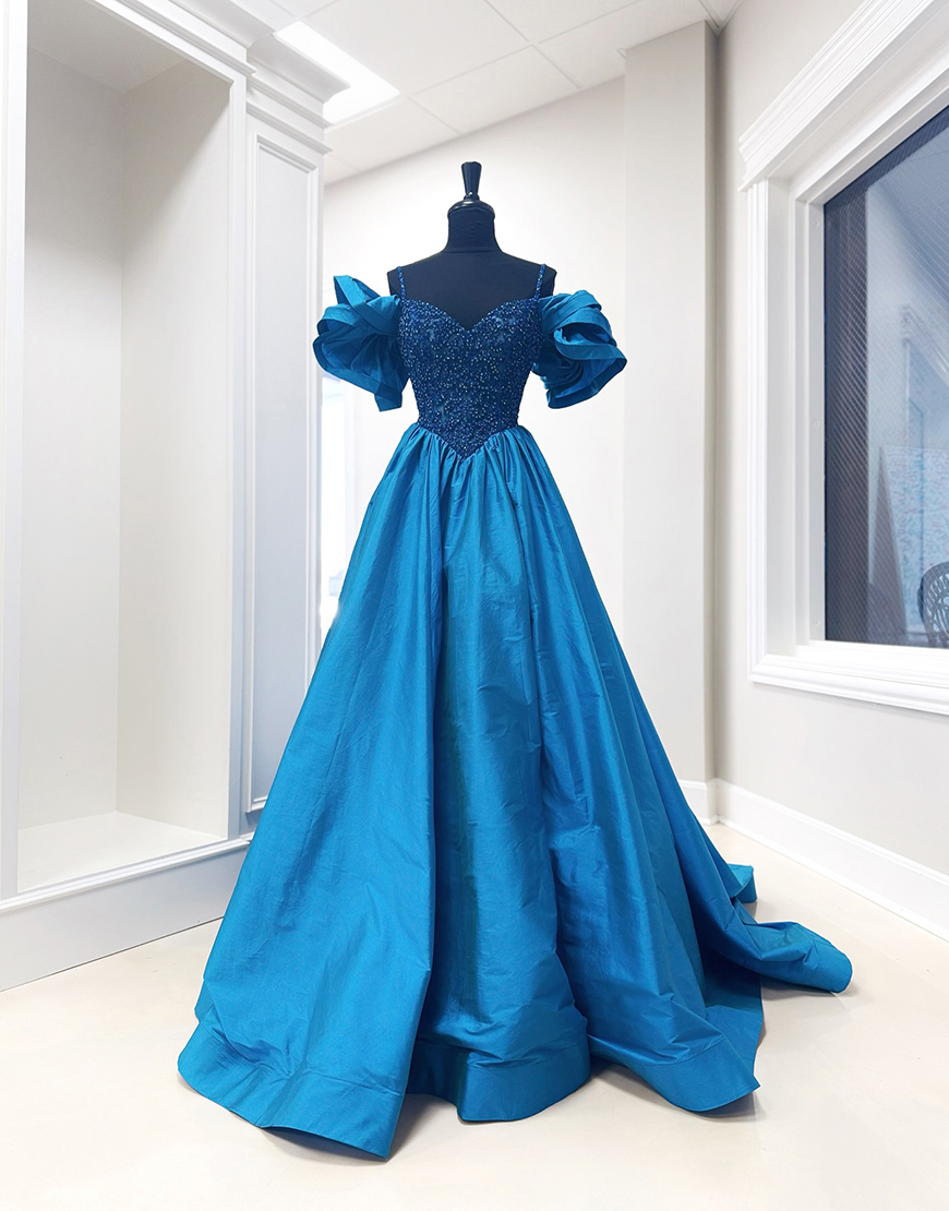 Sparkly Royal Blue Cold Shoulder Satin Long A-Line Prom Dress with Beading