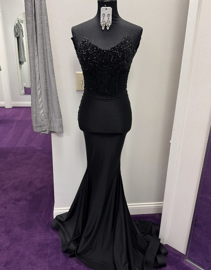 Sparkly Black Mermaid Corset Strapless Long Prom Dress with Beading