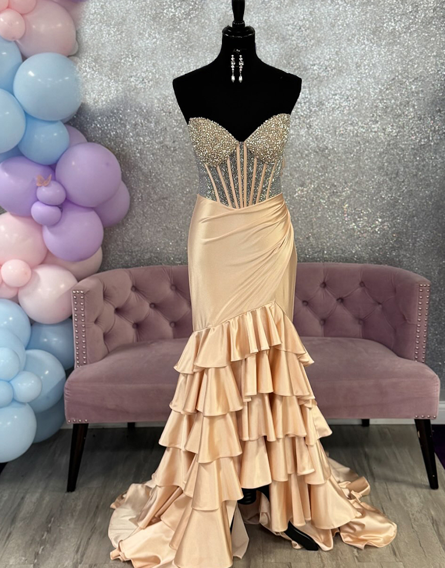 Sparkly Champagne Corset Mermaid Sweetheart Long Prom Dress with Ruffles