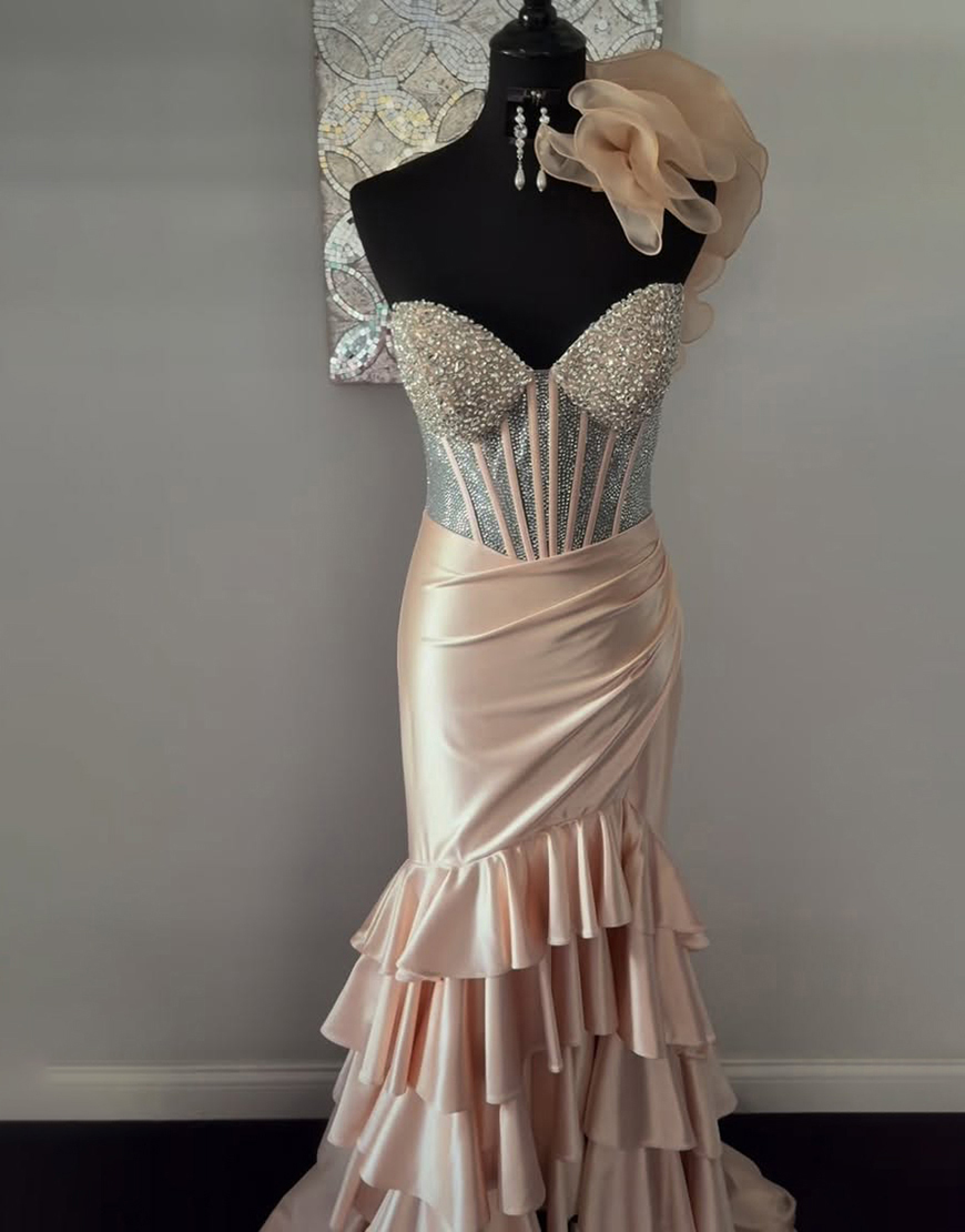 Sparkly Champagne Corset Mermaid Sweetheart Long Prom Dress with Ruffles