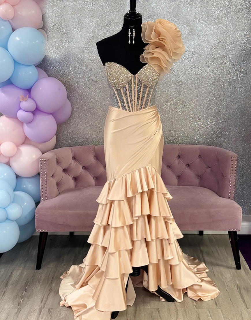 Sparkly Champagne Corset Mermaid Sweetheart Long Prom Dress with Ruffles