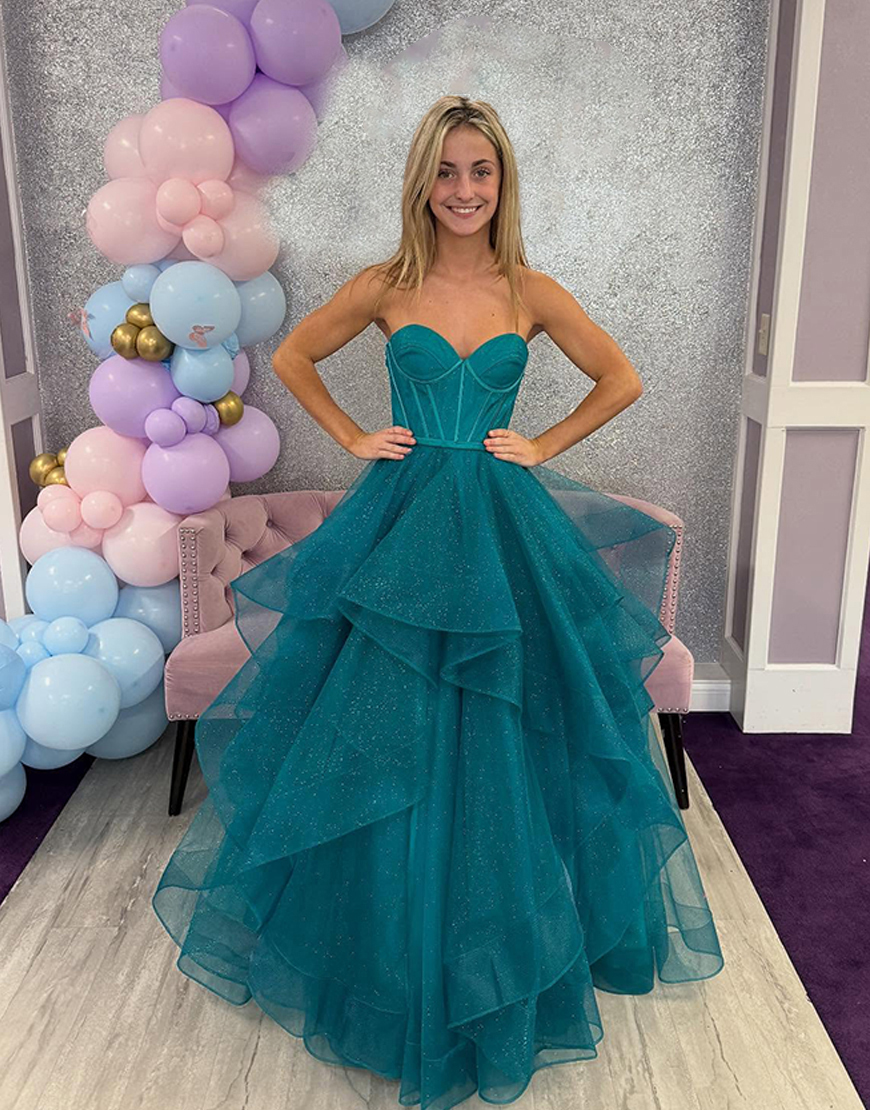Peacock Green Corset Tiered Princess Sweetheart Glitter Long Prom Dress with Ruffles