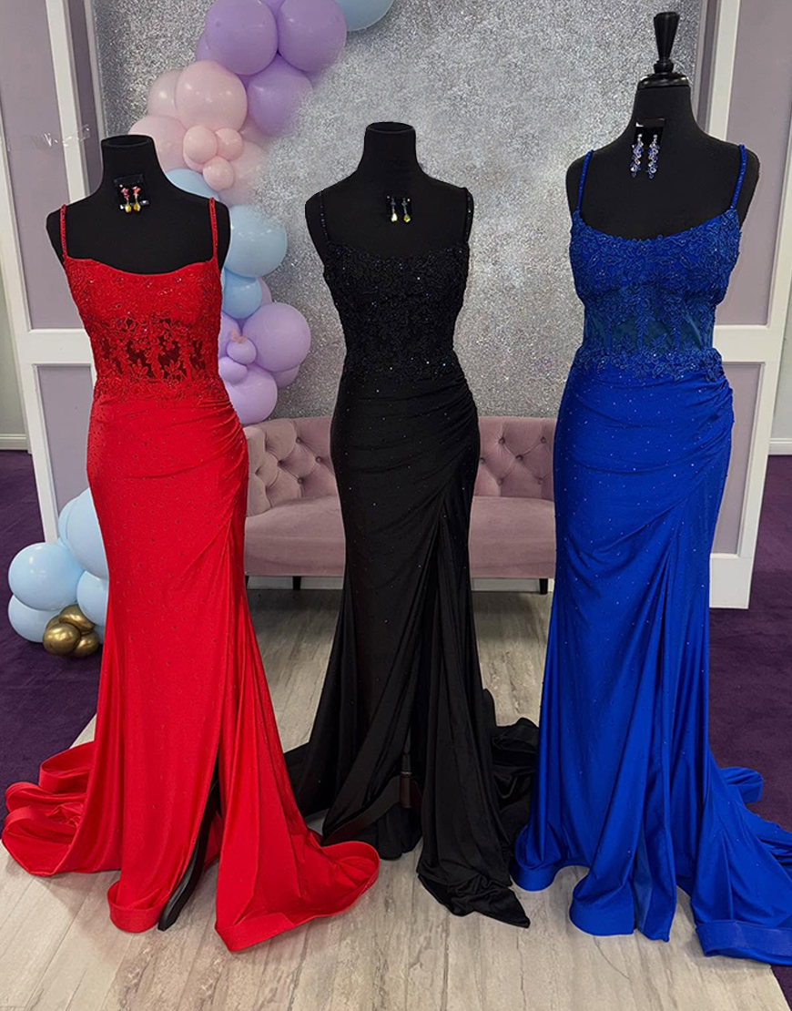 Sparkly Lace Black Satin Beaded Mermaid Long Prom Dress with Slit