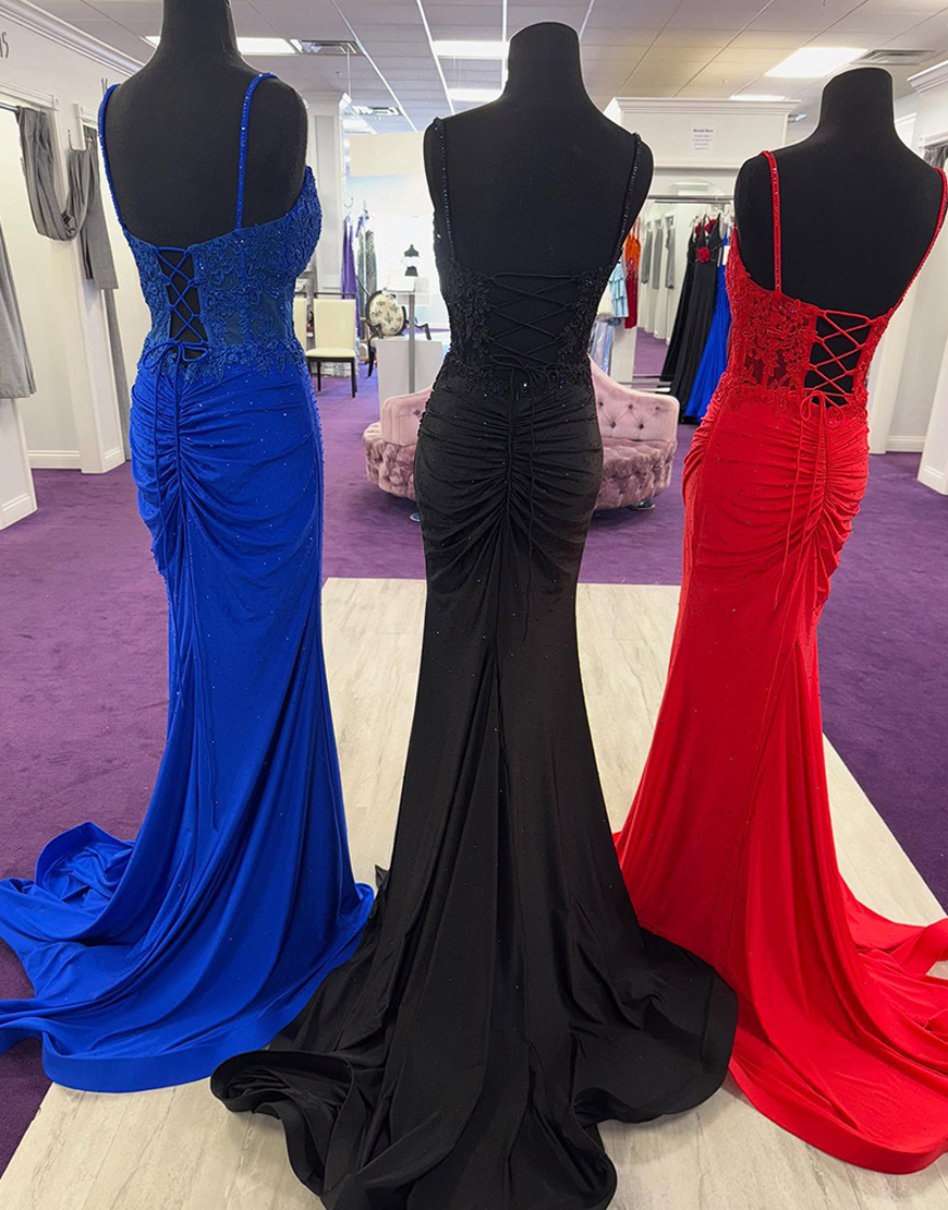 Sparkly Lace Black Satin Beaded Mermaid Long Prom Dress with Slit