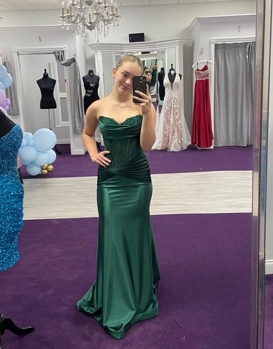 Sparkly Dark Green Mermaid Satin Sweetheart Corset Long Prom Dress