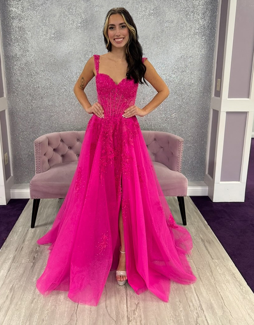 Sparkly Fuchsia Corset Long A-Line Prom Dress with Slit