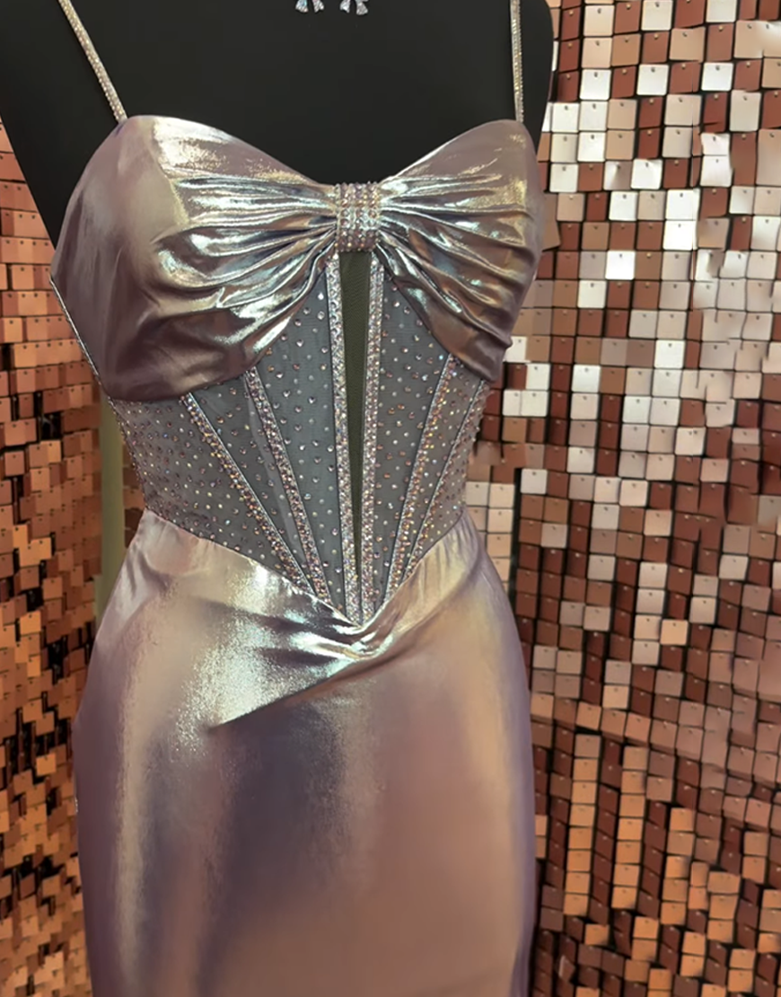 Sparkly Sliver Corset Metallic Mermaid Long Prom Dress with Beading