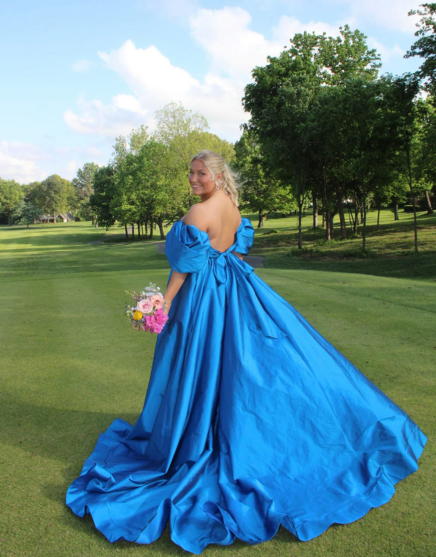 Royal Blue Off the Shoulder Satin Ball Gown Long Prom Dress with Slit