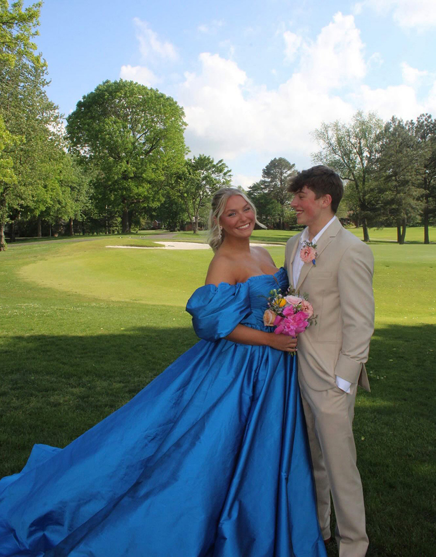 Royal Blue Off the Shoulder Satin Ball Gown Long Prom Dress with Slit