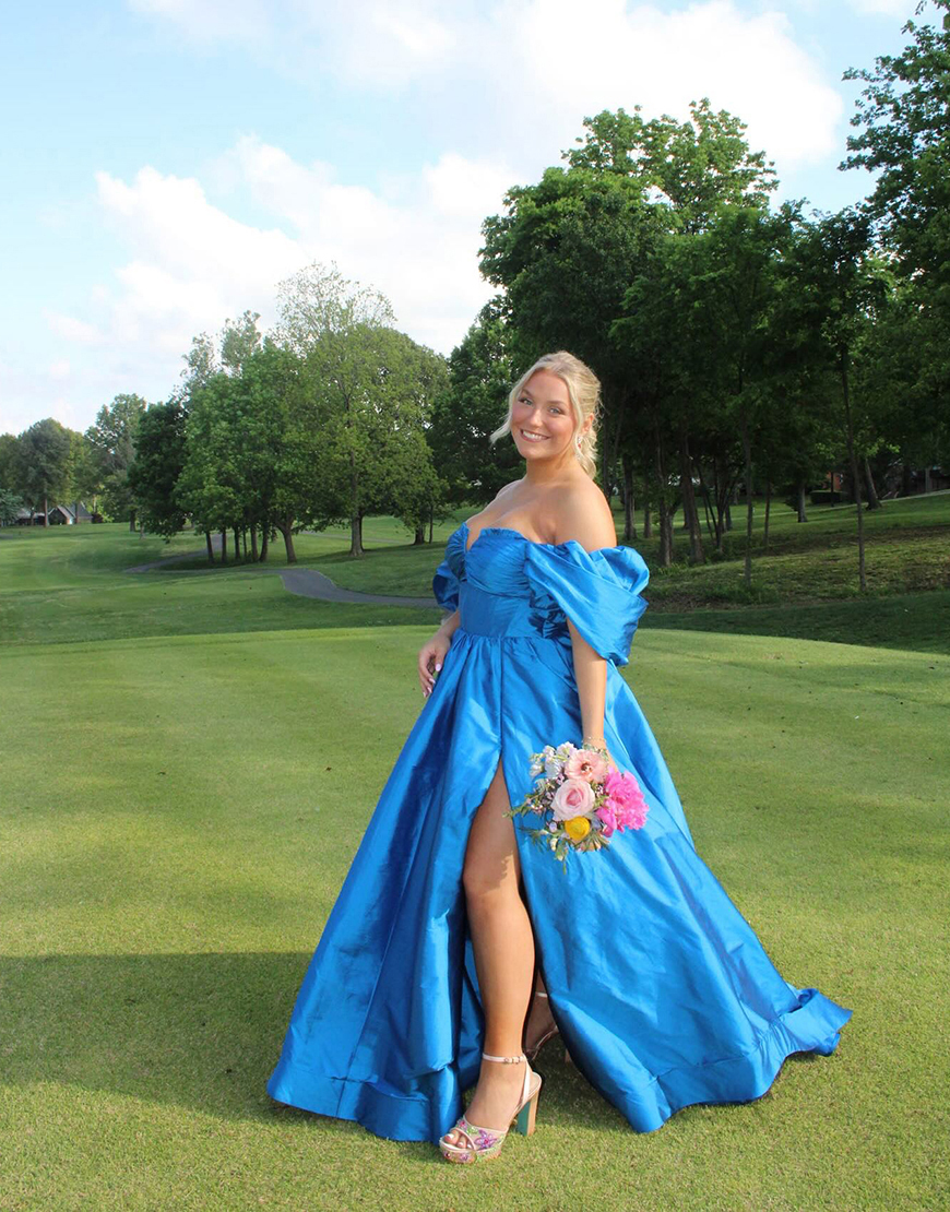Royal Blue Off the Shoulder Satin Ball Gown Long Prom Dress with Slit