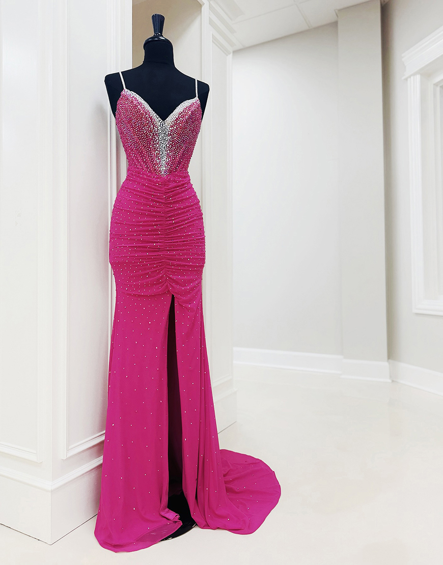 Berlinnova Women Sparkly Fuchsia Corset Beaded Long Prom Dress with Slit Mermaid Spaghetti Straps Pleated Pageant Dress
