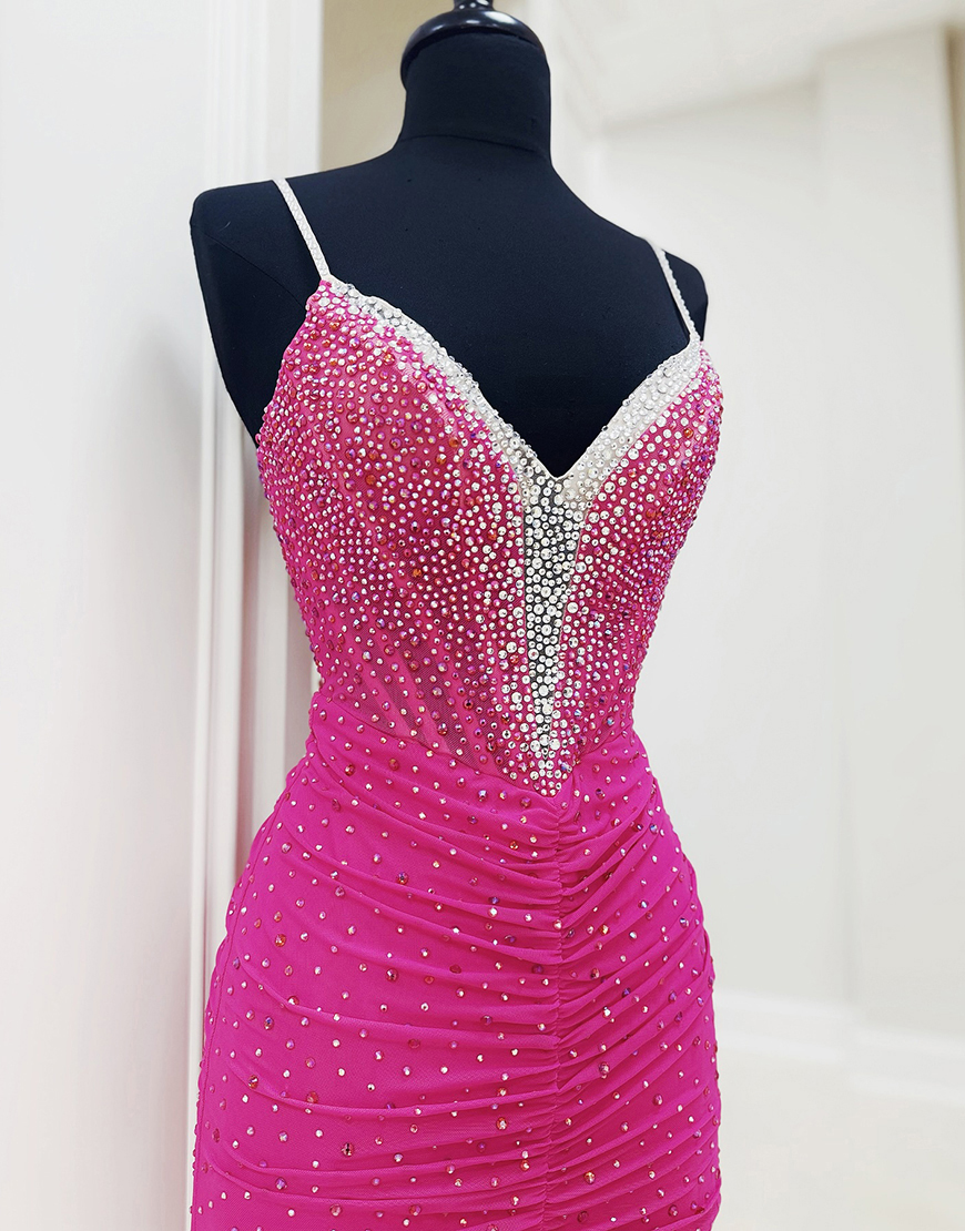 Sparkly Fuchsia Beaded Corset V-Neck Mermaid Long Prom Dress with Slit