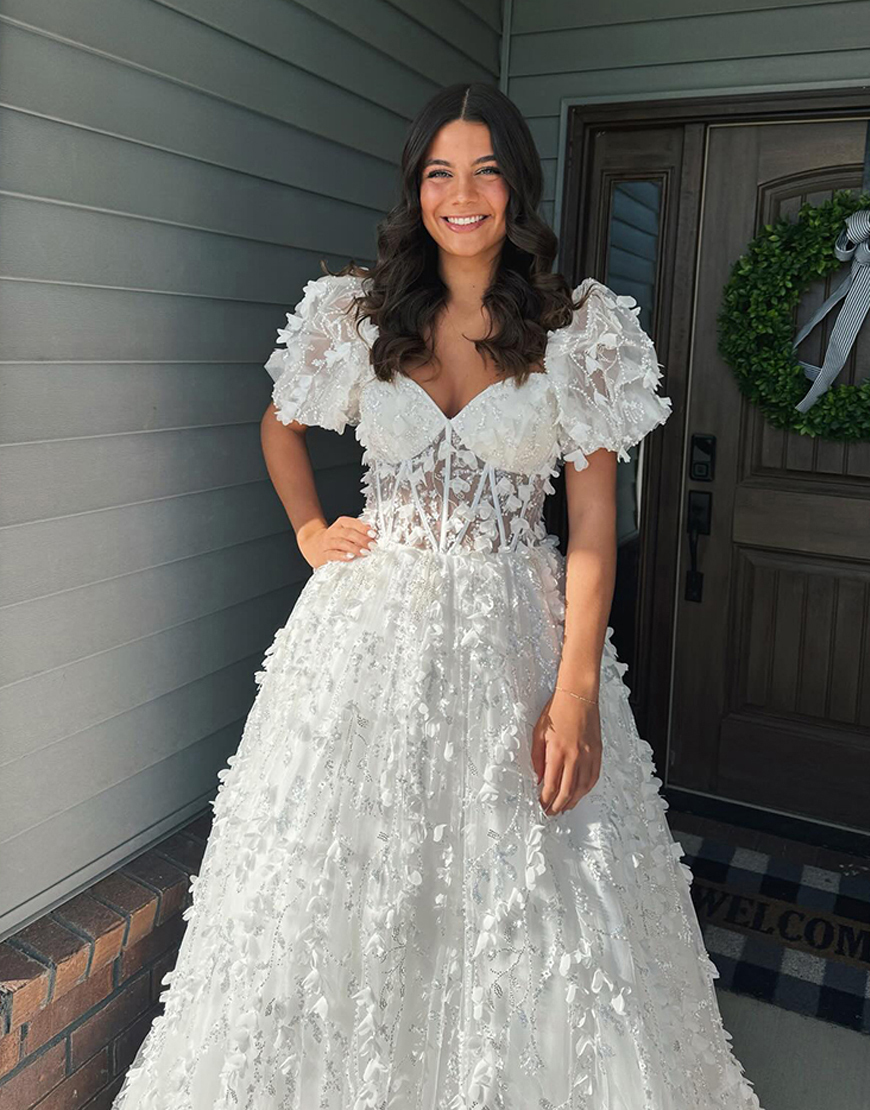 Sparkly White Corset Ball Gown Puff Sleeves Beaded Long Prom Dress with 3D Flowers