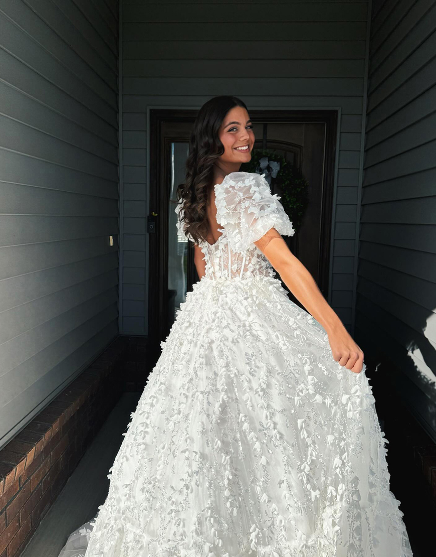 Sparkly White Corset Ball Gown Puff Sleeves Beaded Long Prom Dress with 3D Flowers