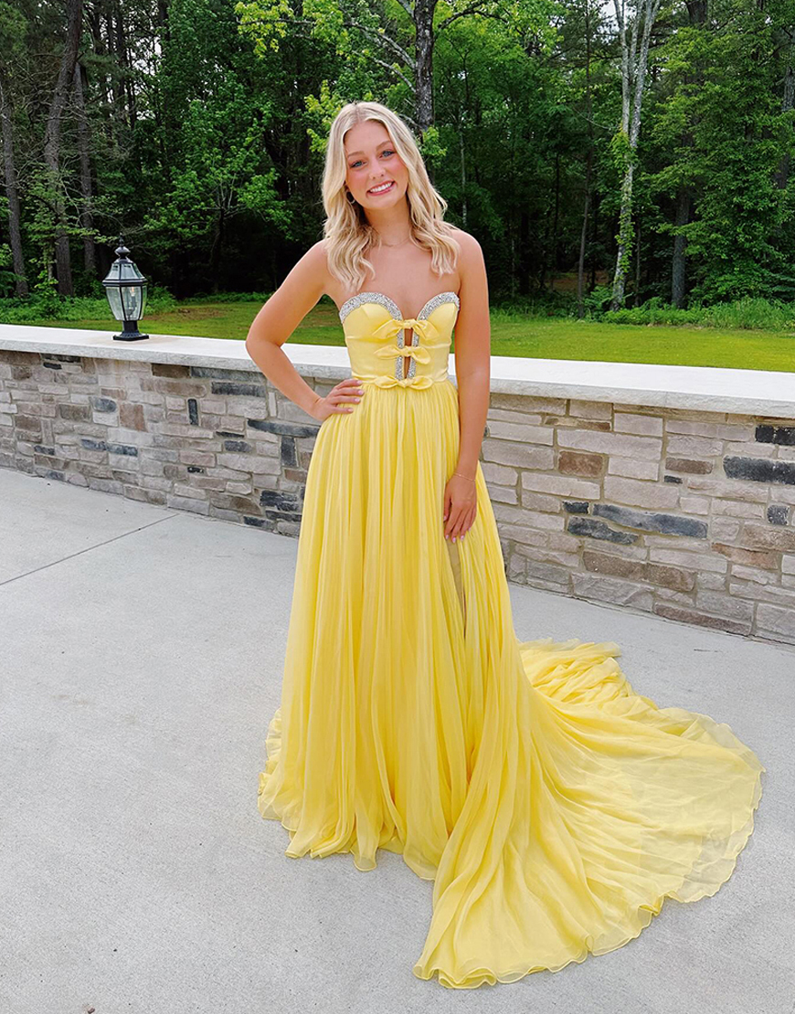 Sparkly Yellow Sweetheart Chiffon Pleated Long Prom Dress with Bows